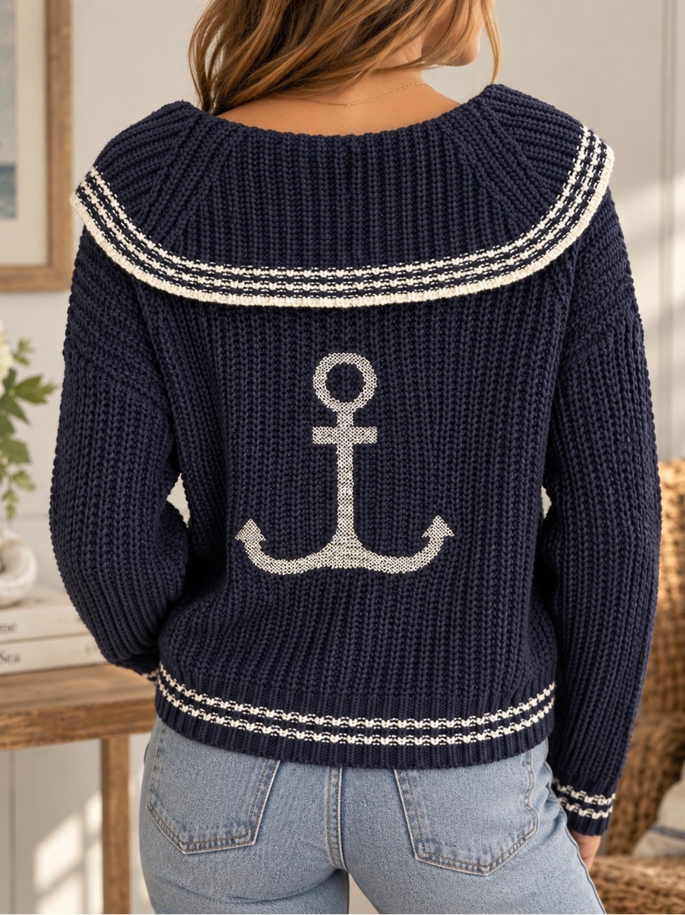 Large | Marled | Navy Sailor Collar Sweater + Anchor Nautical Knit